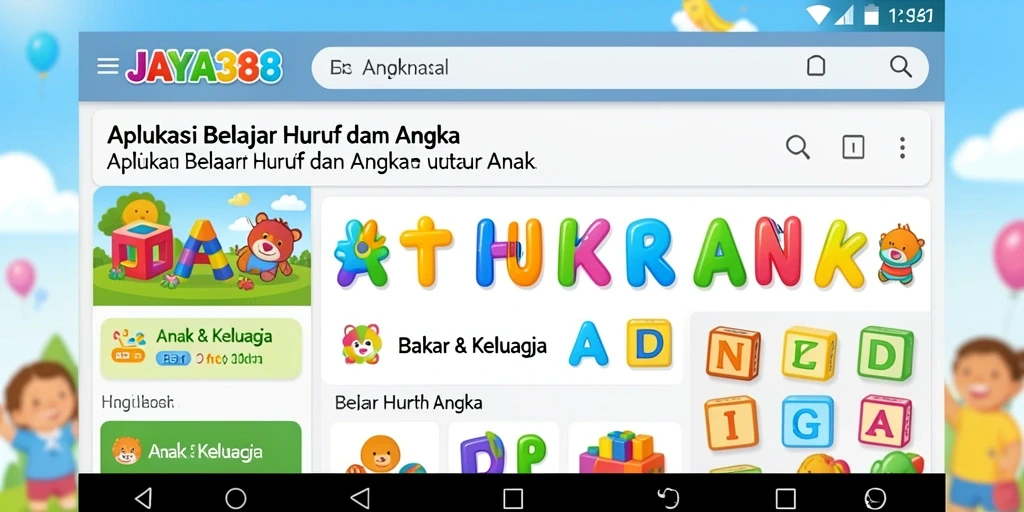 Tampilan antarmuka aplikasi JAYA388 yang menarik untuk belajar huruf dan angka.